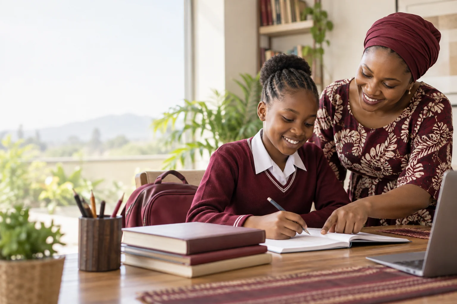 A mother supporting her daughter with schoolwork