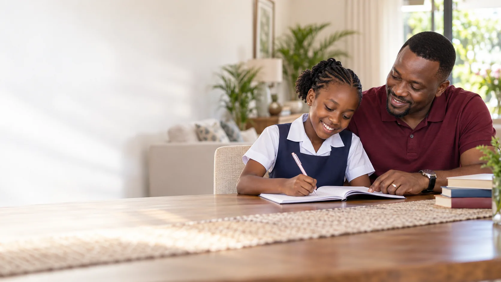 A father helping his daughter with schoolwork