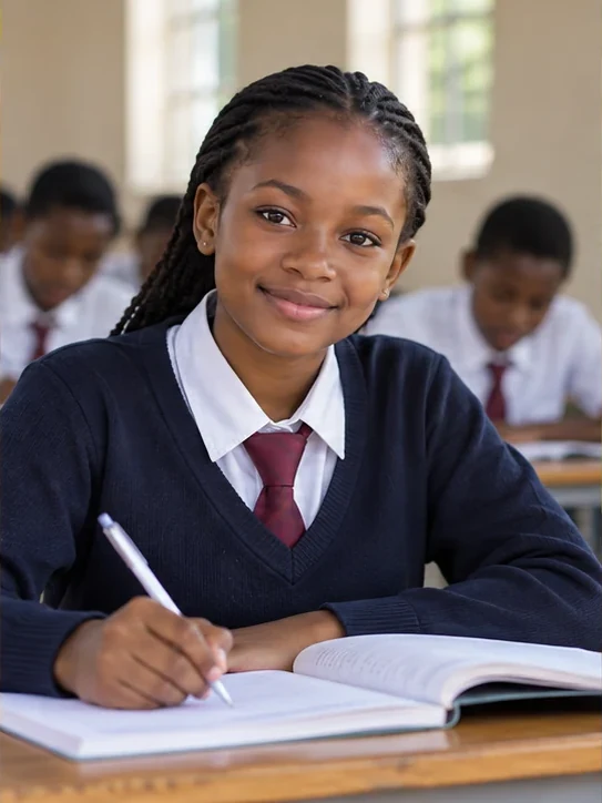 The same girl growing into a focused secondary-school student