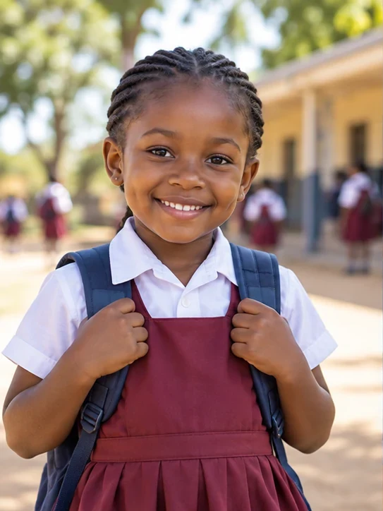 A cheerful primary-school girl beginning her education