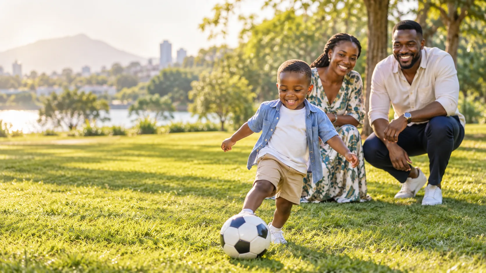 A Black family enjoying time together outdoors